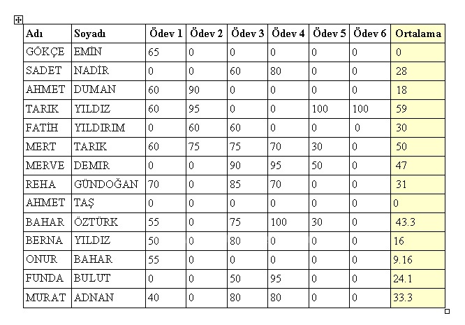Tablo Uygulamaları 2